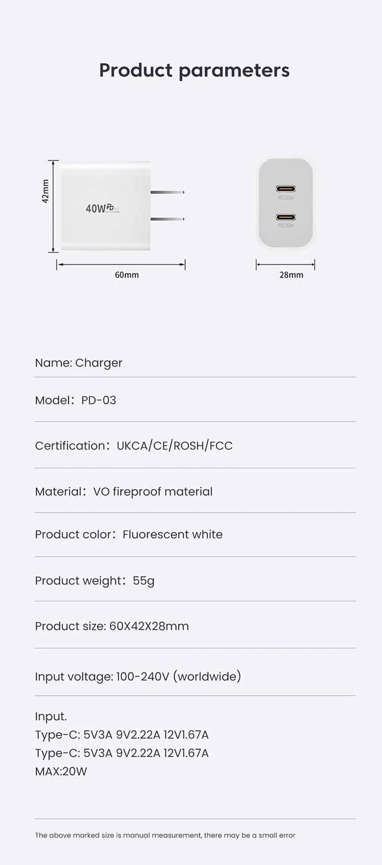 40W Fast Charger Type C Dual Port PD Fast Charging Charger Adapter For iPhone 15 14 Samsung S23 Xiaomi 10A USB C To USB C Cable