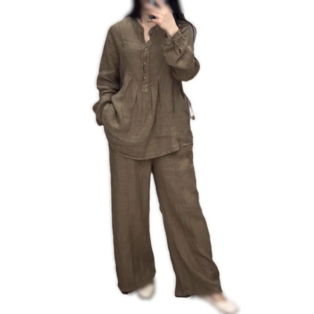 Womens Solid Color Coordinated Outfit with Long Sleeve Blouse and Wide Leg Trousers Made from Soft Polyester Fabric
