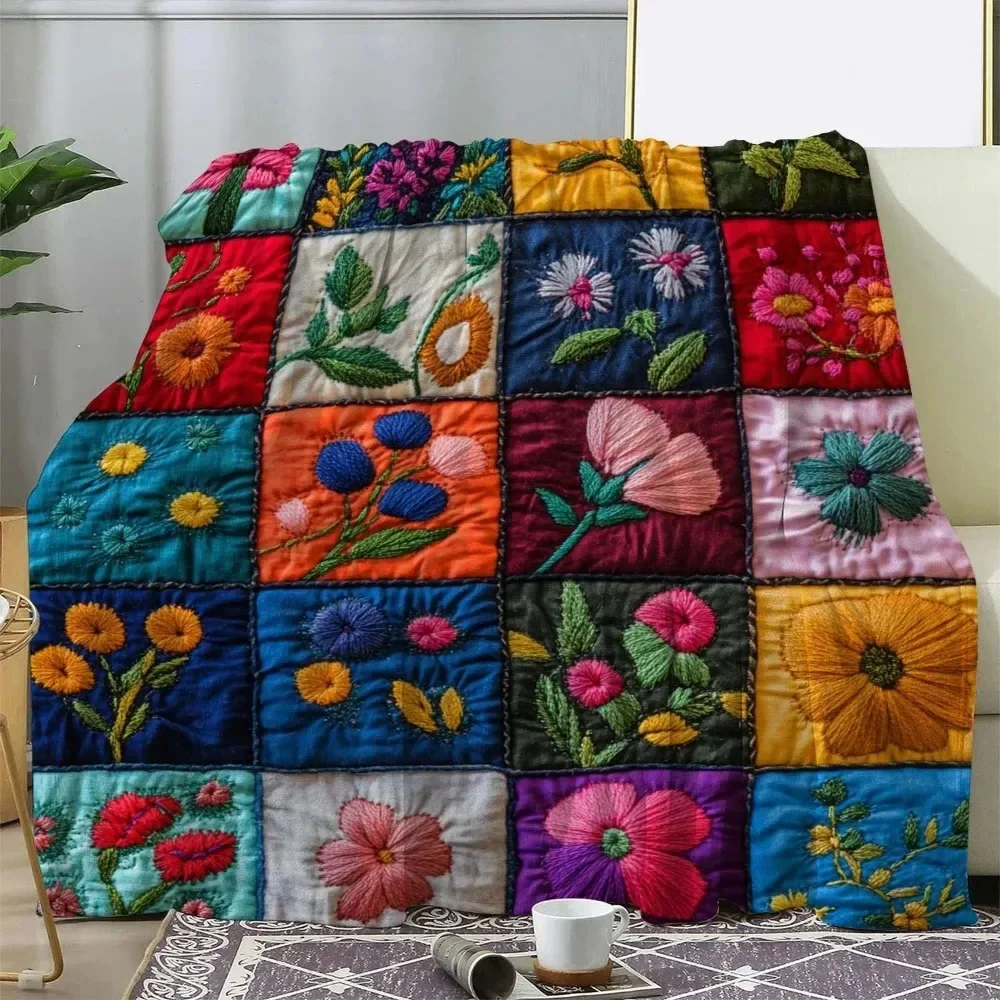 

Винтажный плед из фланели с цветочным принтом и пэчворком, мягкий и теплый, всесезонный, для дивана, кровати, автомобиля, кемпинга, офиса