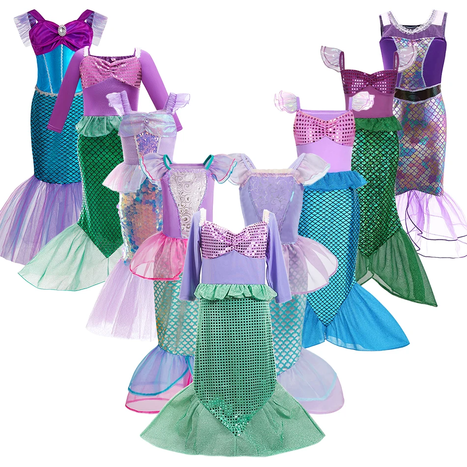 Little Girls Summer Clothing Children Ariel Mermaid Cosplay Blue Green Pink Sunshine Beach Enjoy Vacation Princess Ruffles Dress