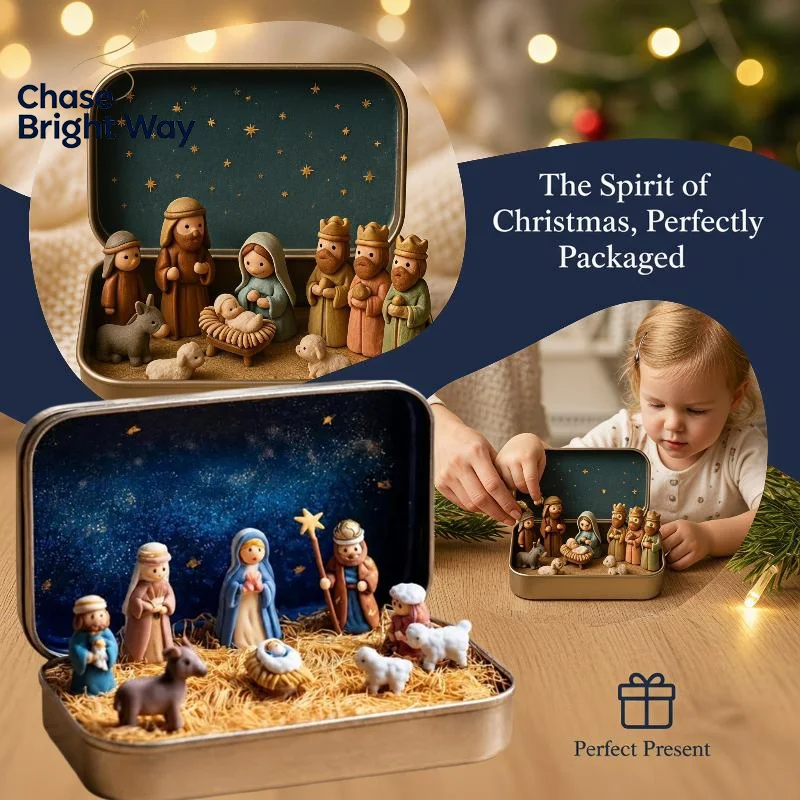 2026 Mini Christmas Decorations 3D Printed Xmas Manger Tin Box Set Kawai Christmas Mini Doll Handicraft Gift