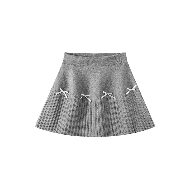 Gray Pleated Women' Skirt 2026 Spring New High End Bow Sweet Knitted Skirt Cute High Waist Slim-looking Elastic Waist Skirt