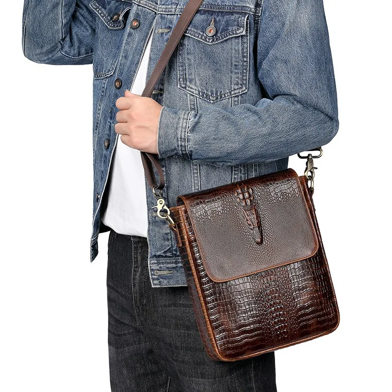 

Мужская сумка на одно плечо с крокодиловым узором, вертикальная откидная крышка из натуральной кожи, дорожный рюкзак через плечо большой вместимости
