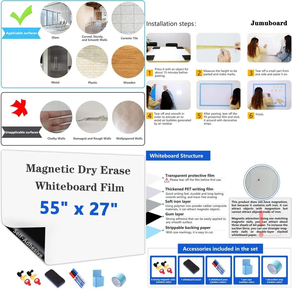 

Self-Adhesive Magnetic Whiteboard Paper, 55x27 Inches, Dry Erase Film for Walls, Includes Marker, Eraser, Magnets