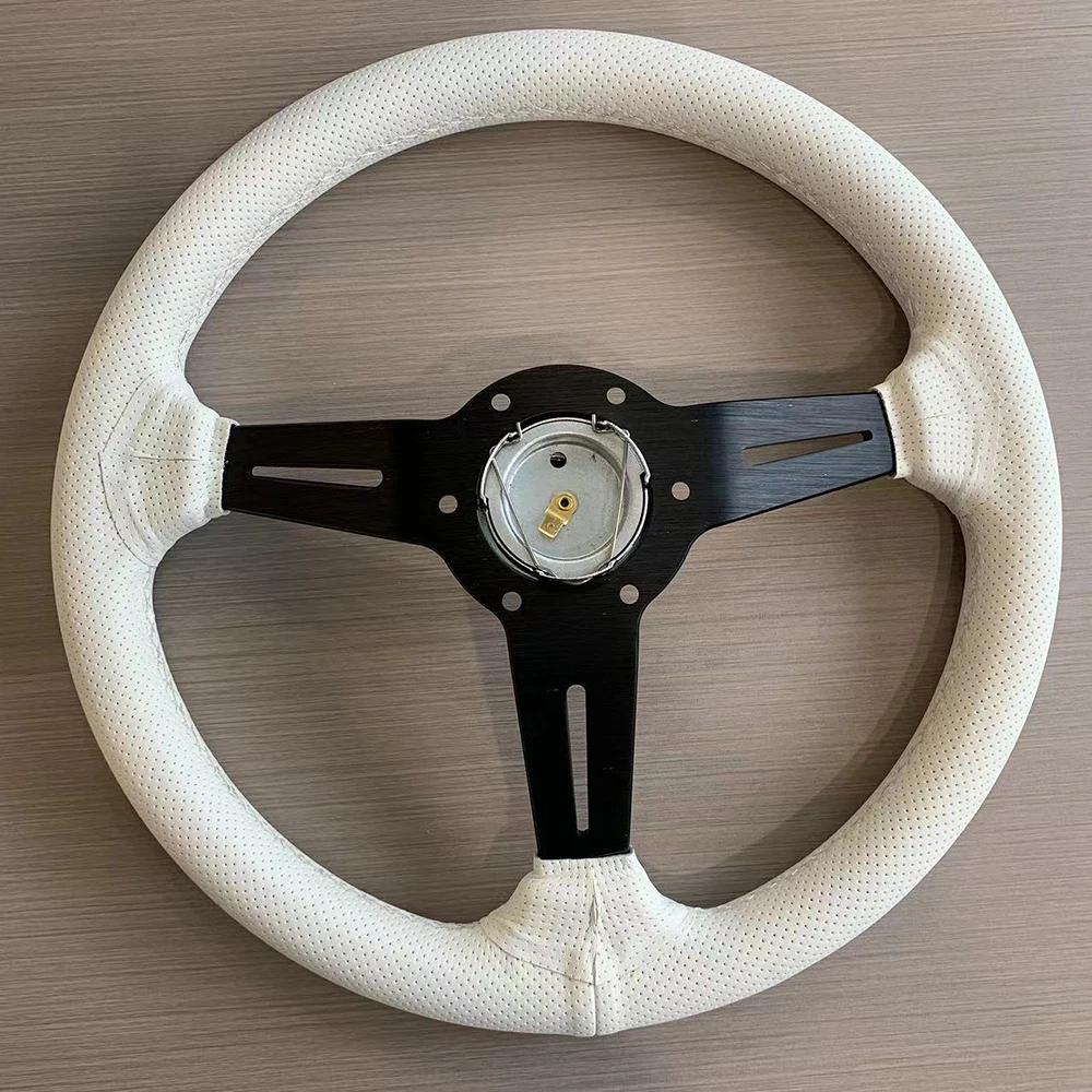 14inch 350mm White Perforated Leather Steering Wheel  Universal Racing Drifting Steering Wheel Black Spoke