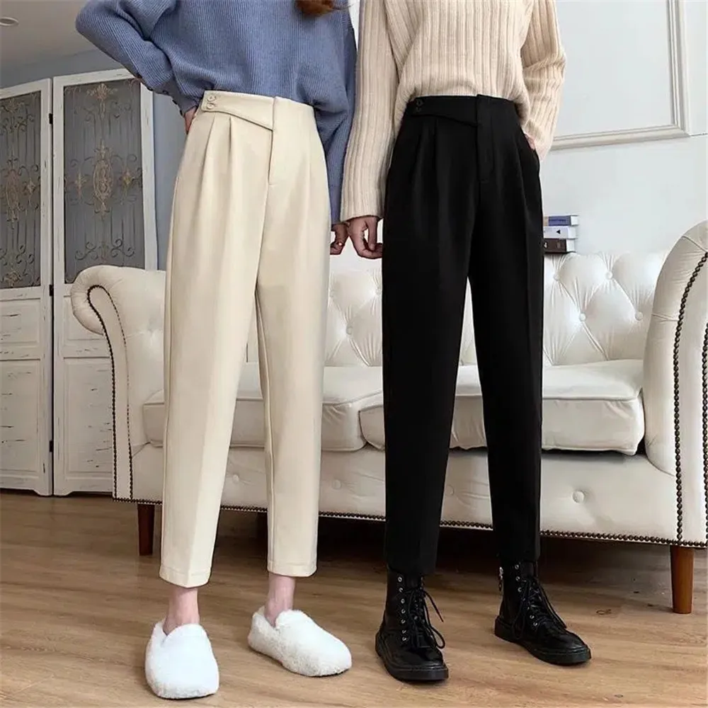 

Casual High Waist Wool Harem Pants Women Autumn Winter Warm Thick Black Office Straight Pencil Suit Trousers Korean Fashion Pant