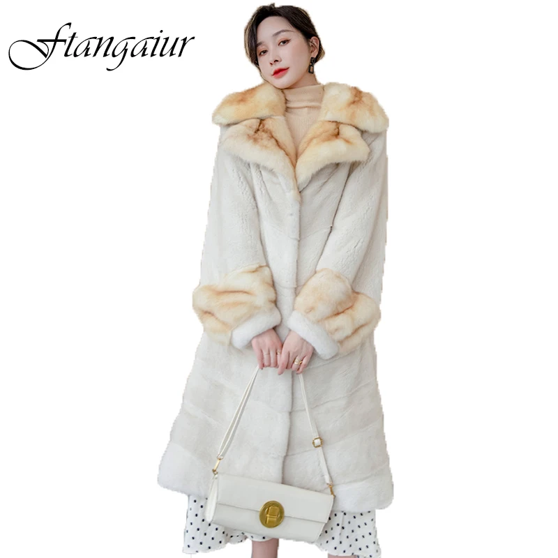 Ftangaiur Winter Import Purple Standard Velvet Mink Fur Coat Women With Sable Collar Full Sleeve Loose Natural Real Mink Coats