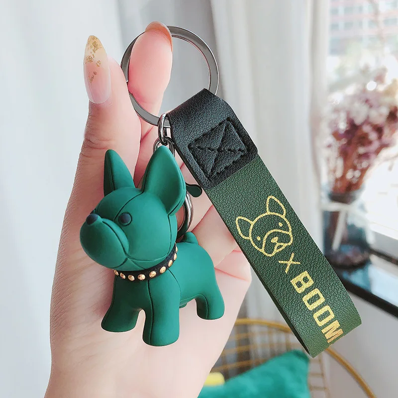 1PC Bulldog Couple Decoration Keychain PU Leather Dog Keyring Fashion Women Bag Car Pendant Jewelry Trinket Key Ring Key Chain