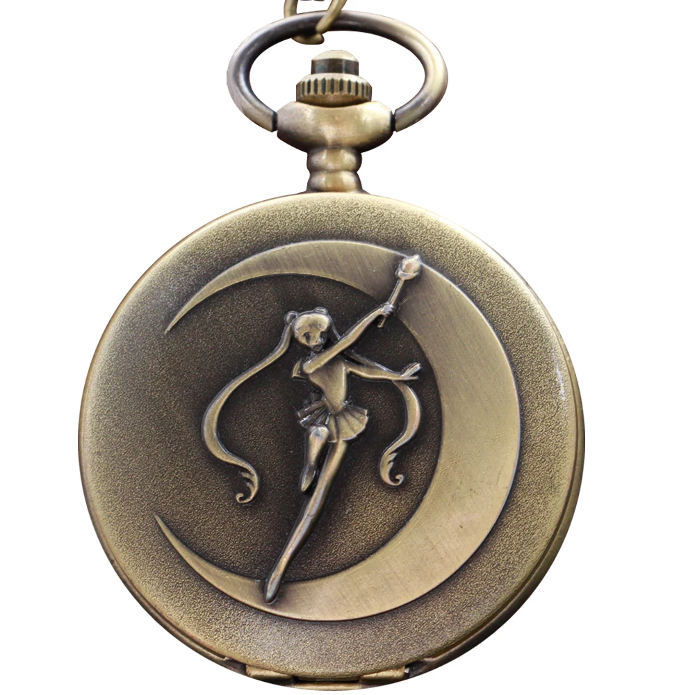 Bronze Cute Moon Girl Warrior Men's and Women's Quartz Pocket Watch Fashion Best Festival Gift Student Clock