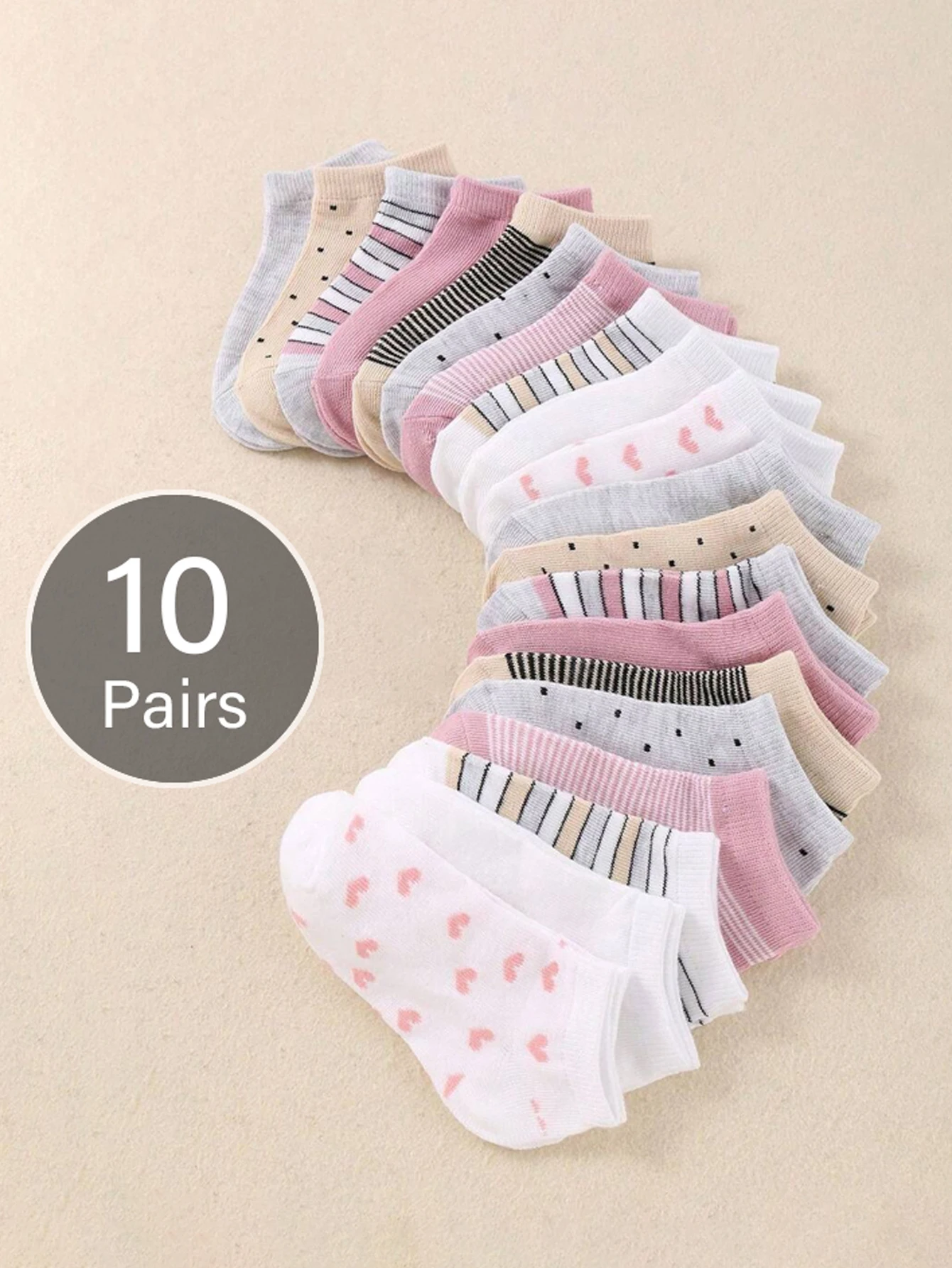 10 pairs adorable girls' socks, featuring heart-shaped stripes and polka dot patterns, children's ankle socks
