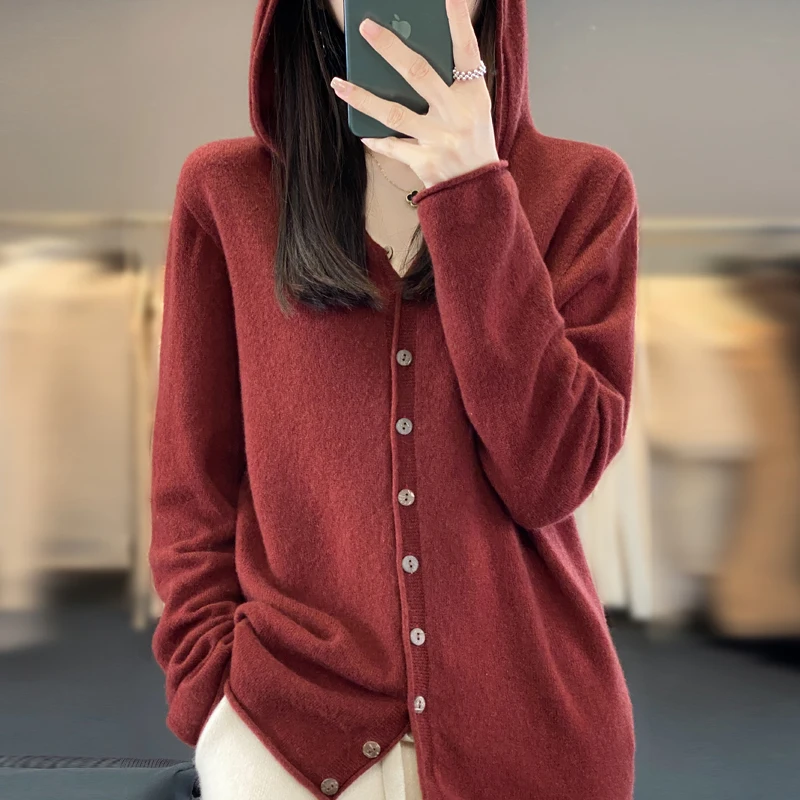 2024 Spring/Autumn/Winter Women Hooded Cardigan 100% Merino Wool Sweater Cardigan Women Korean Fashion Coat Solid Color Top