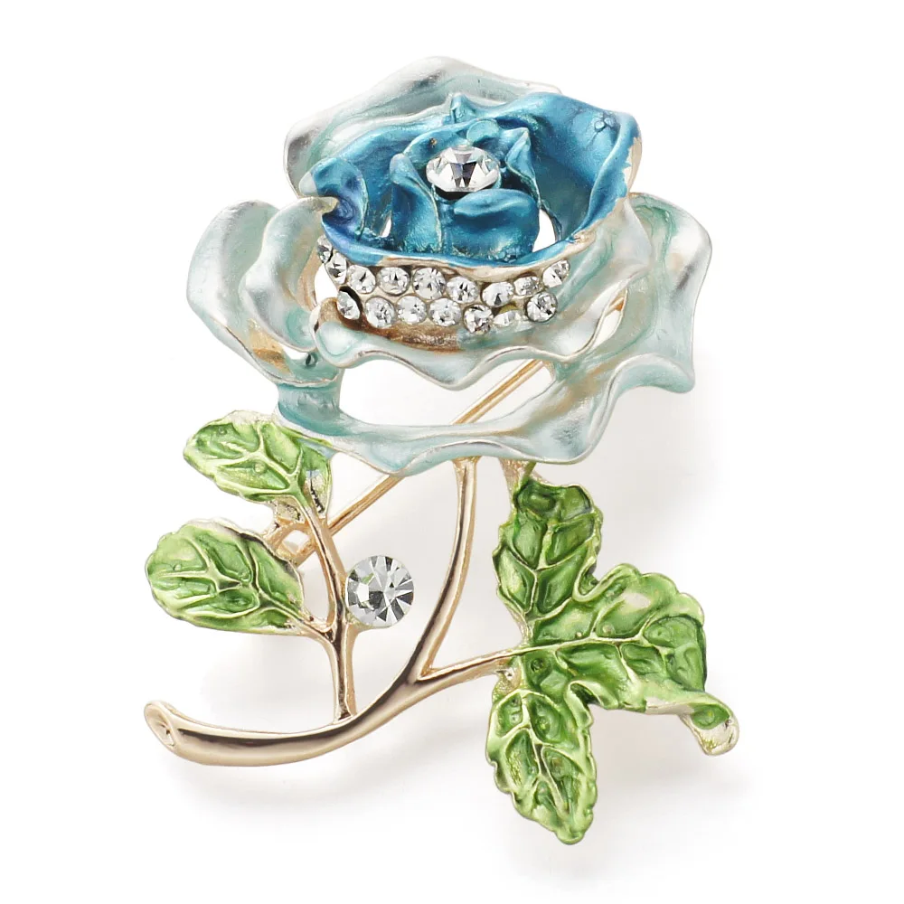 Rhinestone Enamel Leaves Broches Elegant Rose Flower Brooch Pin For Woman Girl Clothes Accessories Jewelry Z073