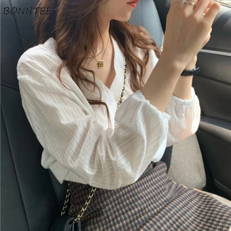 

Shirts Women Lace V-neck Solid Korean Trendy Loose Fit Casual Students Popular Daily Streeetwear Gentle Spring Unique Mujer Ins