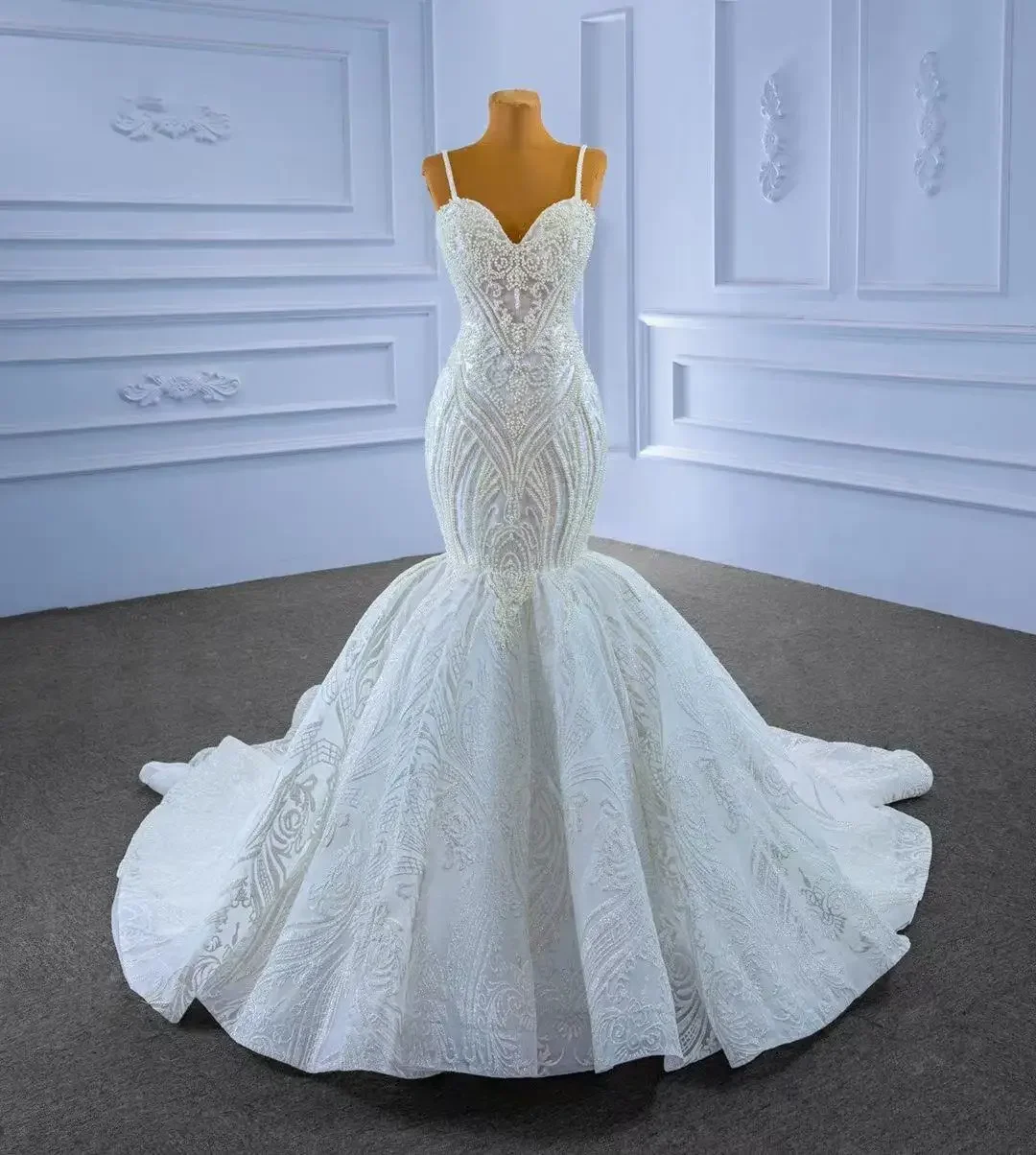 

Customized Custom Made Pearls Lace Appliques Spaghetti Straps Mermaid Wedding Dresses Sleeveless New African Wedding Bridal Gown