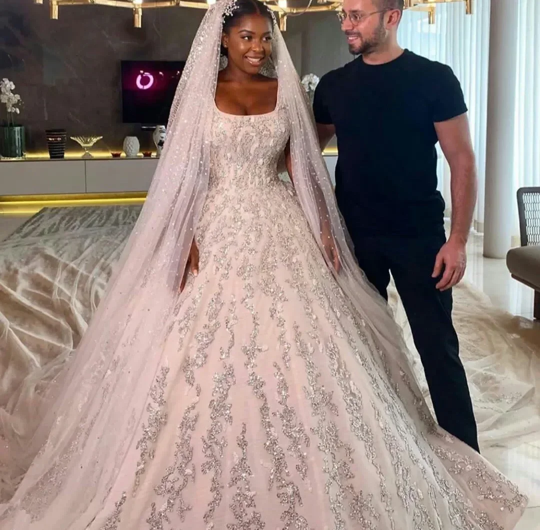 

Customized Square Neck Sequins Beads Spaghettti Strap Wedding Dress Long Sleeves Cathedral Train Ballgown Puffy Bridal Gown