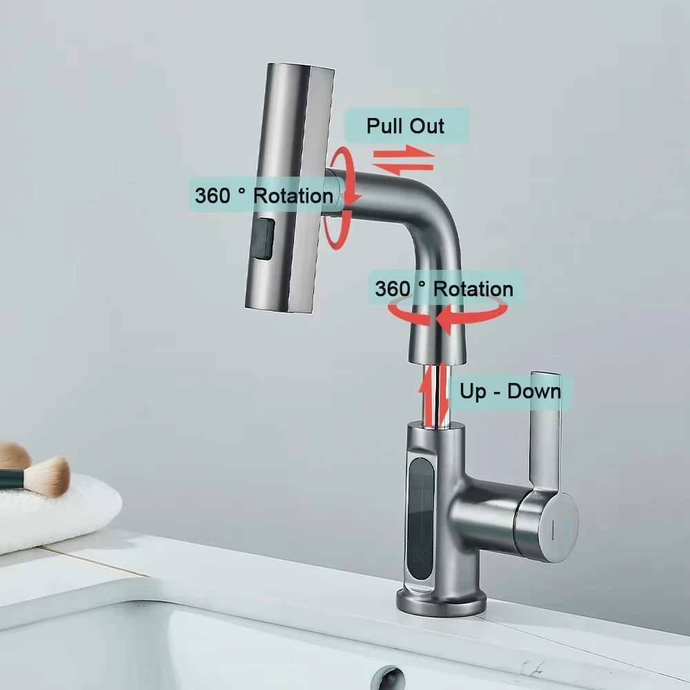 2025 New Digital Display Waterfall Pull-out Kitchen Faucet Hot and Cold Water Mixer Smart Bathroom Washing Faucet