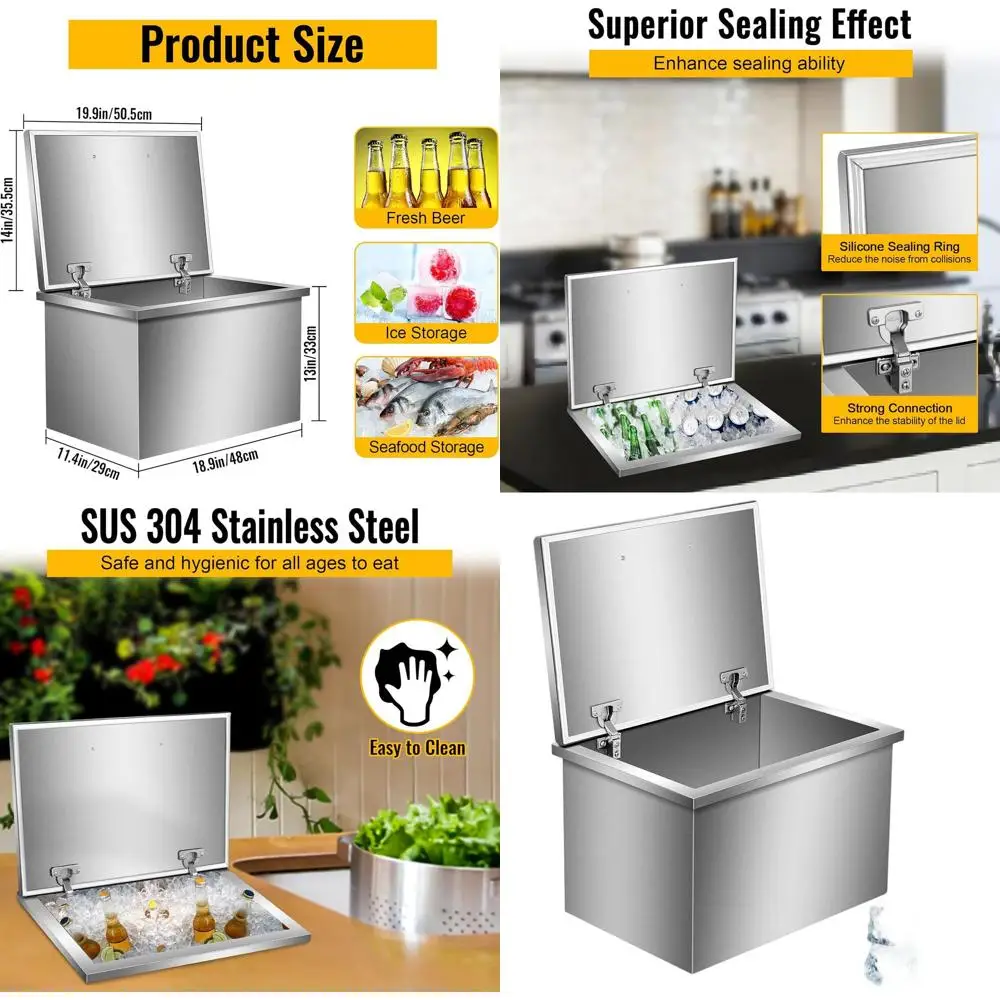 

Холодильный контейнер из нержавеющей стали 14W x 21L x 12H с съемной крышкой и дренажной системой для холодных напитков