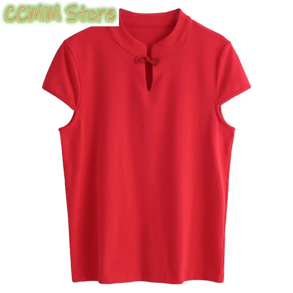 تي شيرت أحمر صيني بإبزيم من القطن الخالص بأكمام قصيرة للنساء صيفي جديد غير رسمي مقاس كبير بلوزة كلاسيكية متخصصة