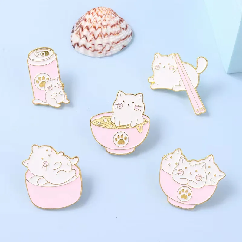 Cute Cartoon Kitties Enamel Pin Can Bowl Chopstick Metal Alloy Brooches Lapel Pins Backpack Gift for Friend Cats Lover Wholesale