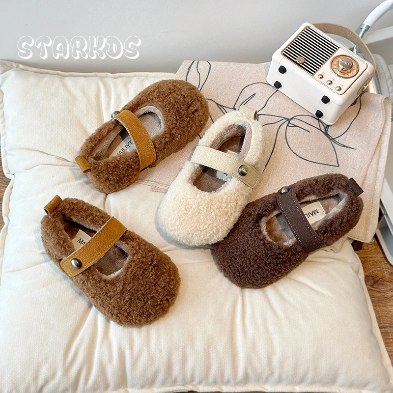 

Детские туфли на плоской подошве, зимние теплые плюшевые туфли принцессы для девочек, балетки из плюшевого меха с круглым носком и пряжкой на ремешке, Zapatos