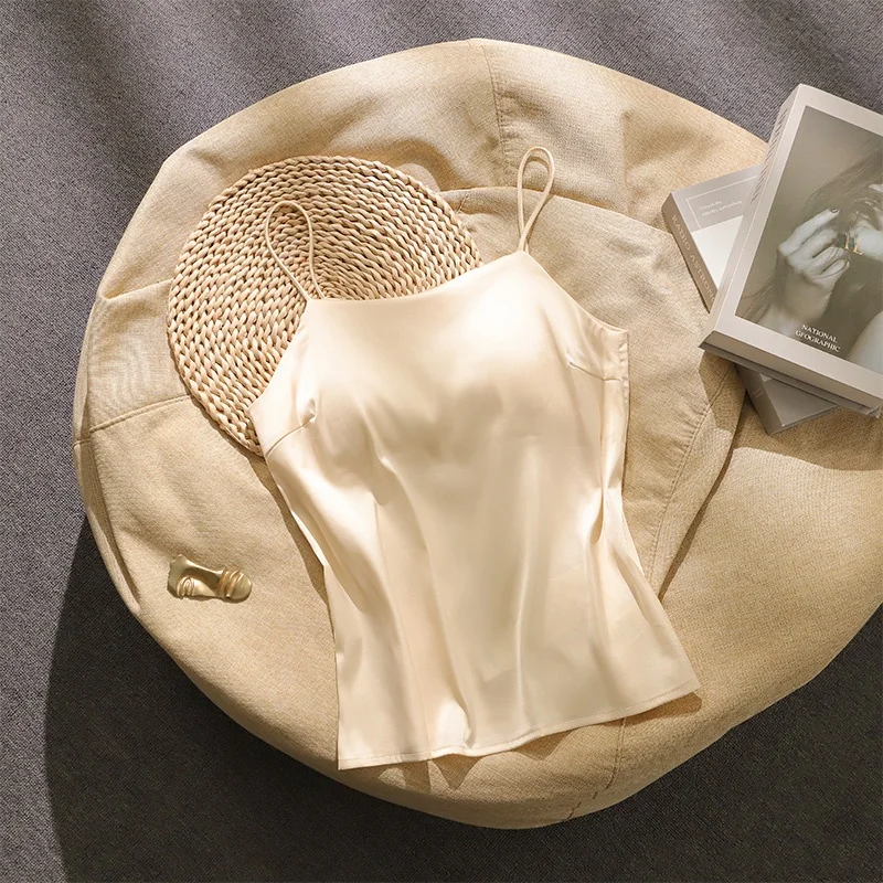 

Модный атласный топ на бретельках для женщин, нижнее белье, базовый слой, топ с подкладкой, прямой крой, для повседневной носки