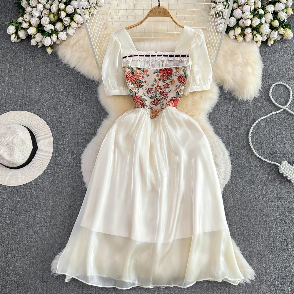 

Gentle Fairy Dress Palace Style Bubble Short Sleeve Square Neck Spliced Jacquard Waist Slim Mid length A-line Dress