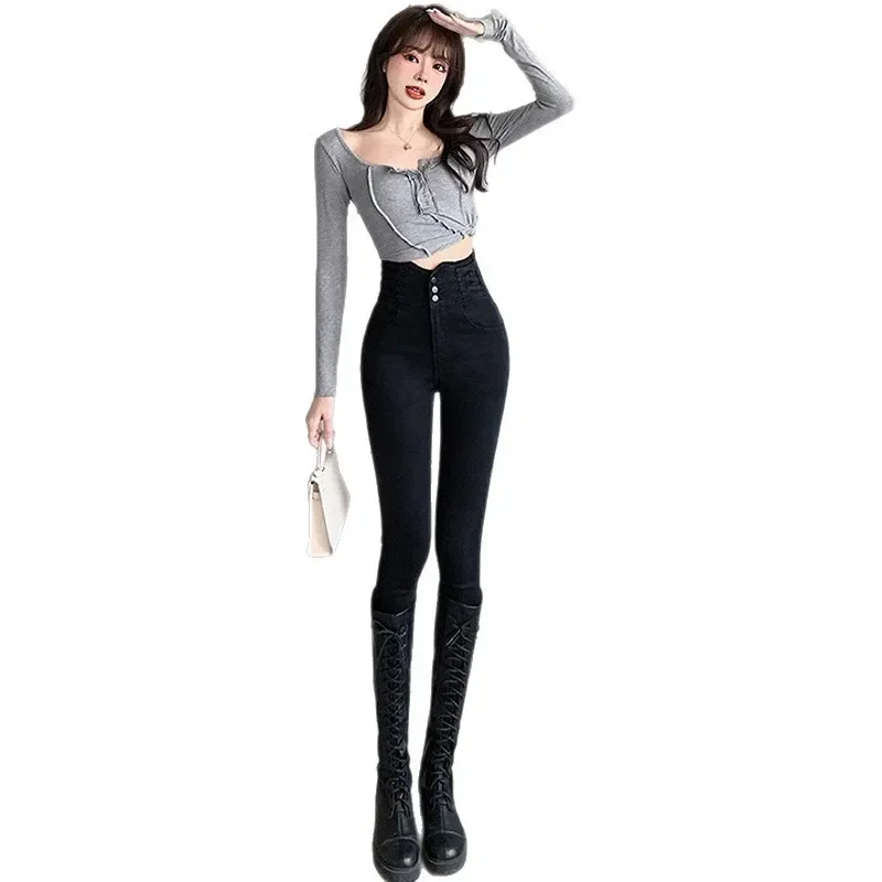 Dżinsy damskie z wysokim stanem, dopasowane, elastyczne, o długości do kostek, spodnie o kroju ołówkowym, na wiosnę i jesień, w kolorze szarego dymu, podkreślające długość nóg.