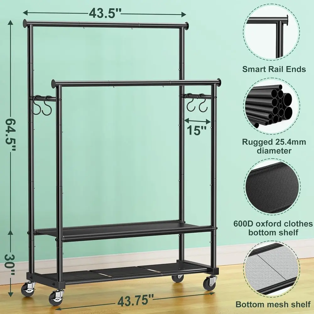 Double Rod Clothing Rack Heavy Duty with Oxford and Mesh Bottom Shelves, Garment Racks for Hanging Clothes, Portable Wardrobe Ra