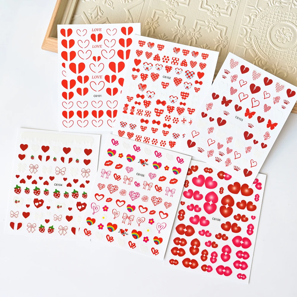 6/4Pcs 3D Valentine's Day Love Heart Nail Sticker Butterfly Bow Strawberry Sliders Adhesive Decals For Nail Art Decoration