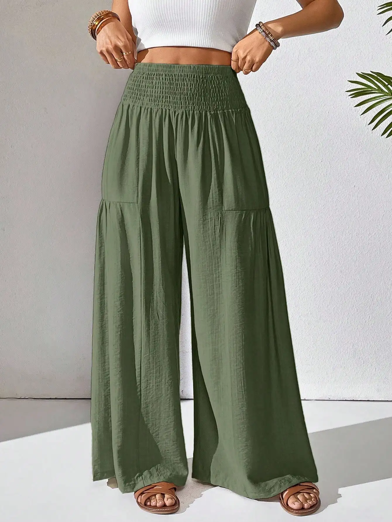 

Olive Green Solid Wide Leg Pants with Smocked Waist and Patch Pockets