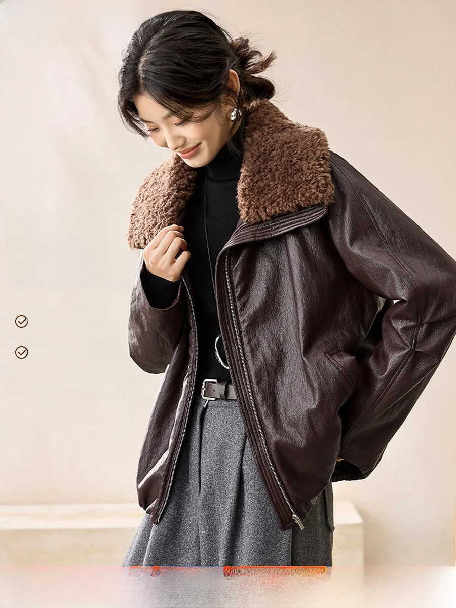 

Modern PU Leather Wool Collar Jaet Removable Easy Care Warm Commute Sle Women's Coat Long Sve Zipper Closure Regular Fit