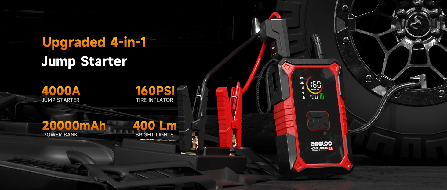 GOOLOO A5 4000A Tragbarer Auto-Starthilfe-Powerbank mit 160PSI Luftpumpe Notfall-Batterie-Booster für 12V Fahrzeuge – Detail 11