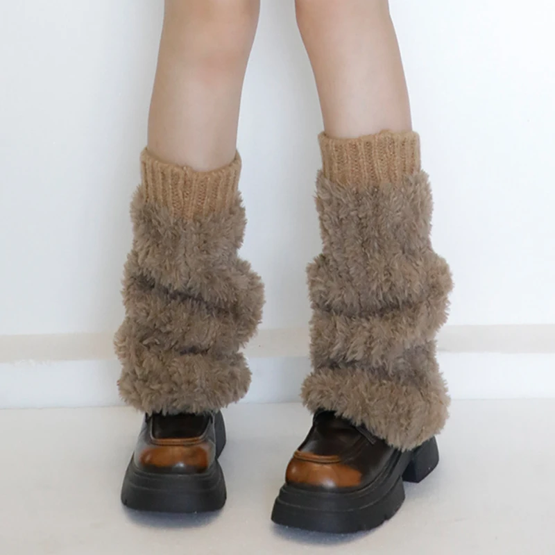 Calentadores de piernas de piel Artificial para mujer, calcetines de punto blancos y negros de Lolita japonesa para otoño e invierno, calentadores de piernas para mujer, cubierta para pies