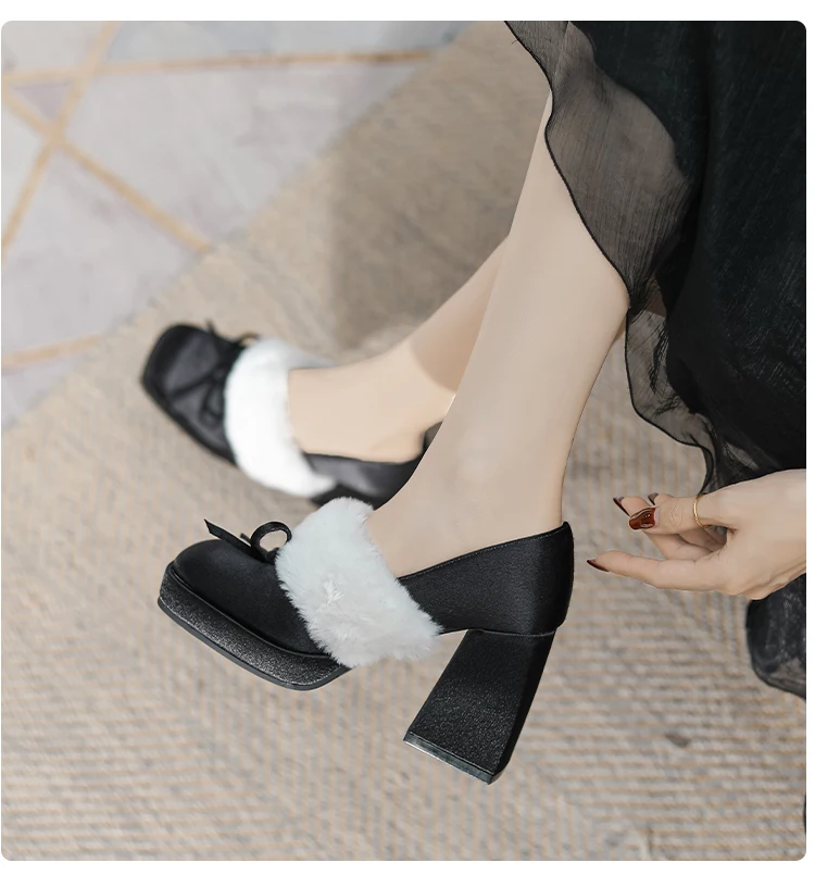 

Осенне-зимняя французская женская обувь Мэри Джейн на толстом каблуке и высоком каблуке с квадратной головкой, элегантная пушистая и утолщенная повседневная обувь