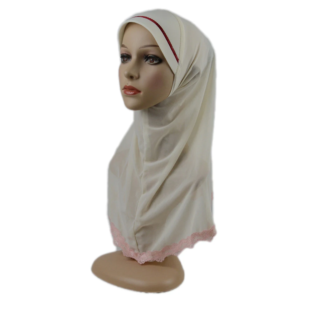 Hijab Amira musulmano di medie dimensioni di alta qualità con pizzo Pull On sciarpa islamica Head Wrap pregare sciarpe copricapo per ragazze grandi 6-12Y