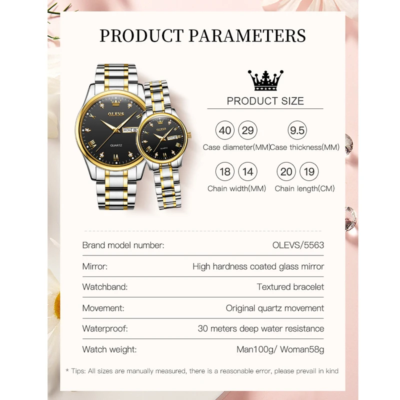OLEVS nowa marka zegarki kwarcowe dla par luksusowe diamentowe zegarki na rękę ze stali nierdzewnej złoty tydzień mody data świecący zegarek kochanka