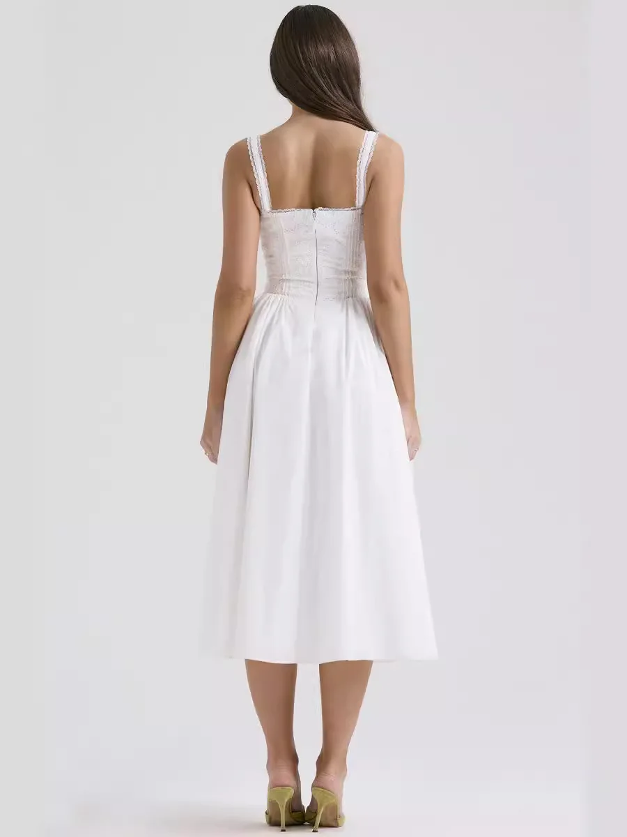 European and American women's summer new white lace camisole splicing slim midi dress French dress