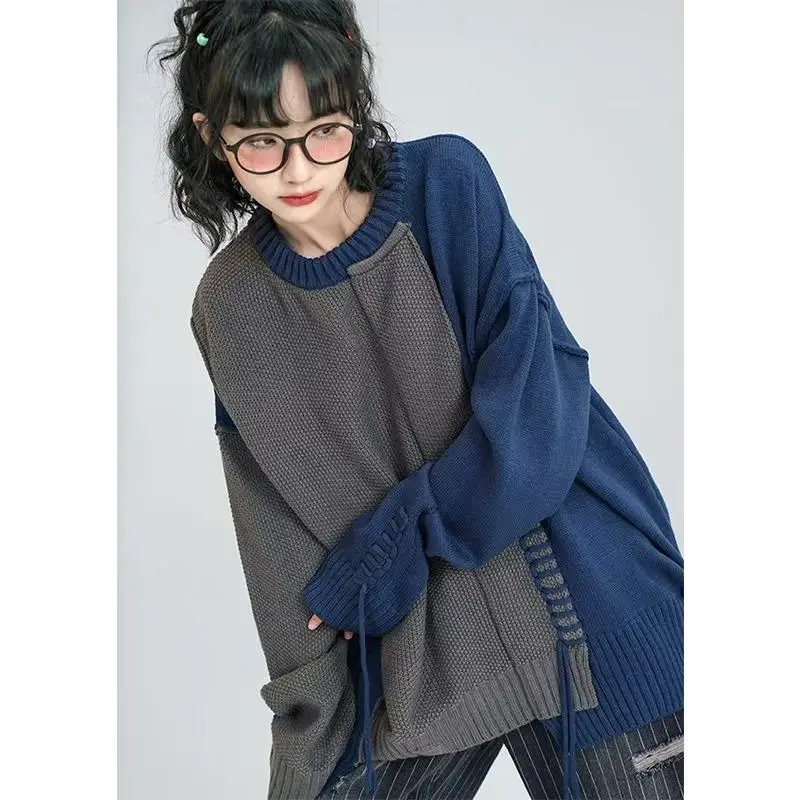 

Women's Round Neck Pullover Sweater Autumn Vintage Contrasting Color Splicing Design Long Sleeve Sweater Tops