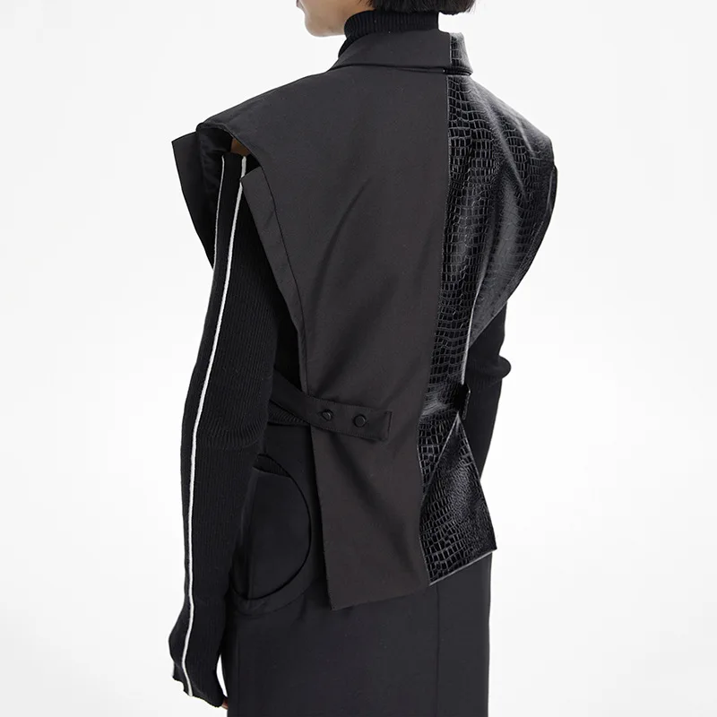 Women Faux Leather Patchwork Single Breasted Slim Vest Black Spring Autumn Slim Streetwear Belted Jacket Vest