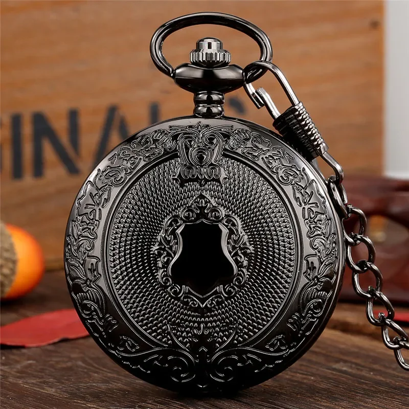 Antique Engraved Shield Cover Black/silver/gold/bronze Men Women Roman Number Quartz Analog Pocket Watch Pendant Chain Clock