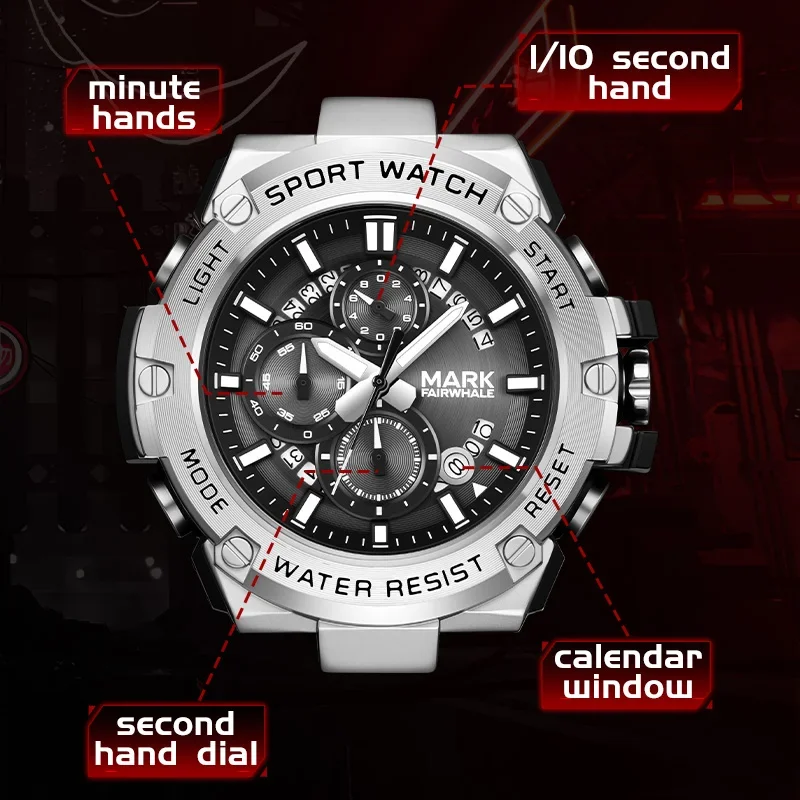 

MARK FAIRWHALE Top Brand Sprot Mens Quartz Chronograph Calendar Week Waterproof Luminous hot sale For Man Watch Date Luxury