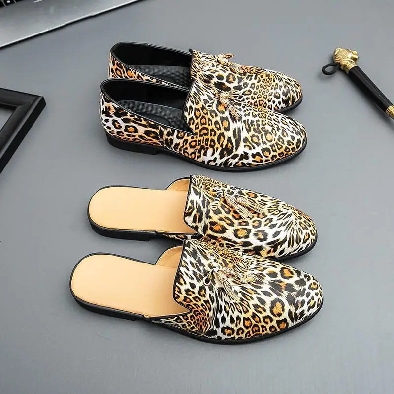 38-48 leopard tassels formal shoes for man mules party loafers men shoes luxury designer dress business office shoes man