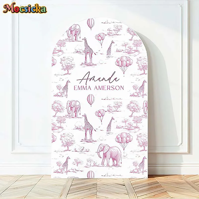 Mocsicka Photo background Chiara Arch Custom Doubleside Pink Balloons Toile De Jouy Baby Shower Birthday Party Backdrop Photo