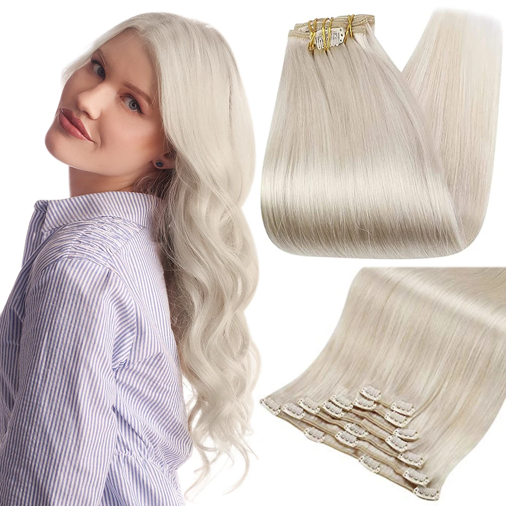 Full Shine Clip In Hair Extensions Zwart Balayage Zilver 7 Stuks Echt Menselijk Haar Natuurlijk Haar Dubbele Inslag Recht 120G - afbeelding 1