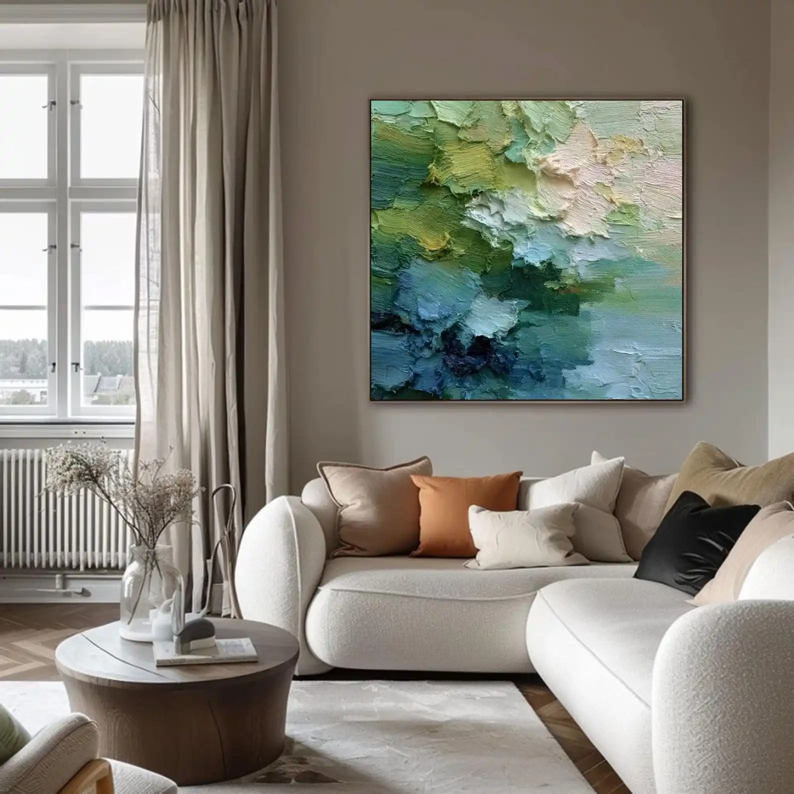 Mhemyo Large Green Thick Impasto Oil Wall Art Sage Emerald Abstract Handmade Canvas Modern Minimalist Texture Artwork Home Decor