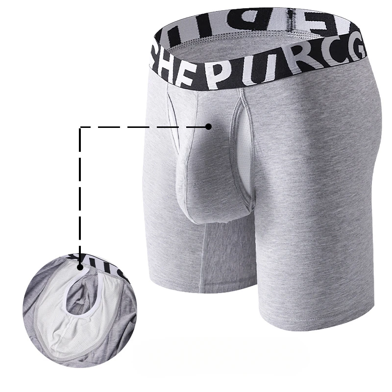 Men's Long Boxers Sports Breathable Underwear Inner Wear Double-Layer Panties Separate Pouch U Convex Underpants Trunks