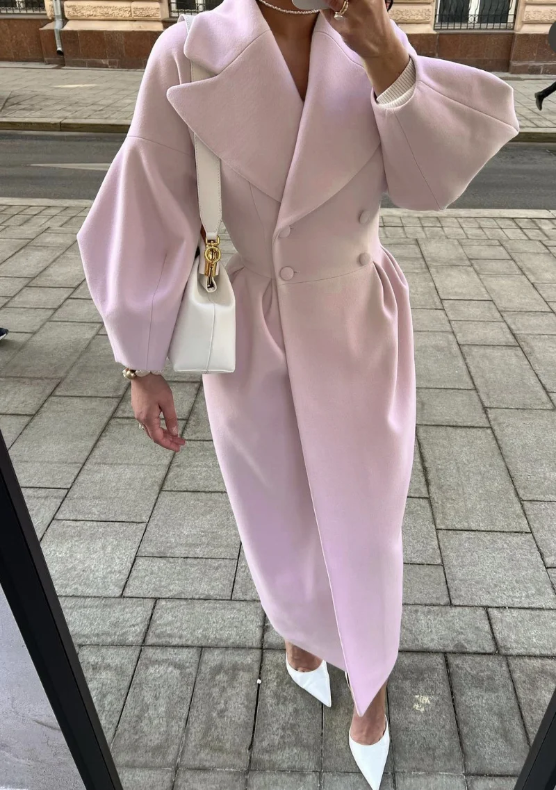 Herbst Laterne Ärmel Frauen Woll mantel Revers Zweireiher Büro Dame lange Jacken Wind jacke dicke Streetwear weibliche Mäntel