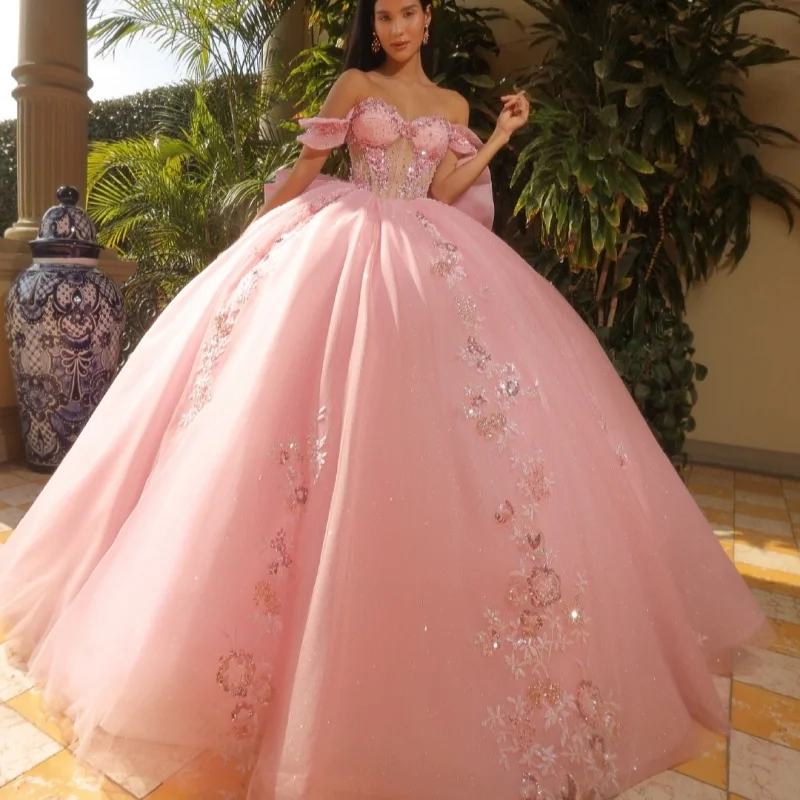 Rosa quinceanera vestido fora do ombro glitter flor decalque renda cauda longa arco vestidos de 15 quinceanera ﻿ Personalizar