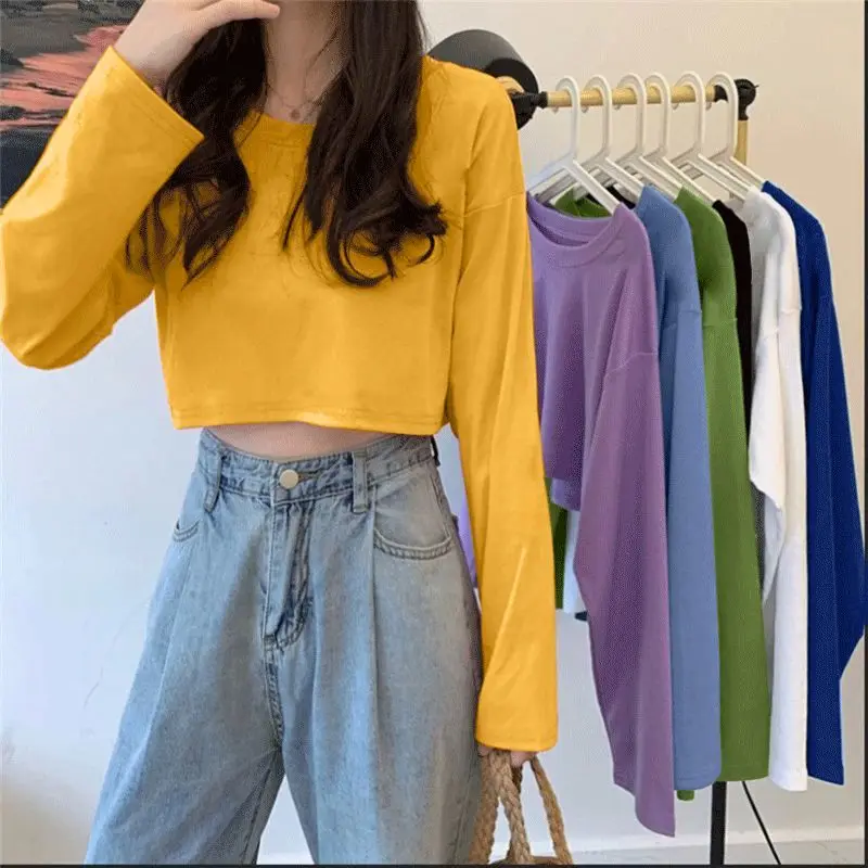 MEXZT Women Harajuku Simple Solid Color Cropped T-shirt Spring Fashion Loose All-match Tops Korean Students O-neck T-shirts New