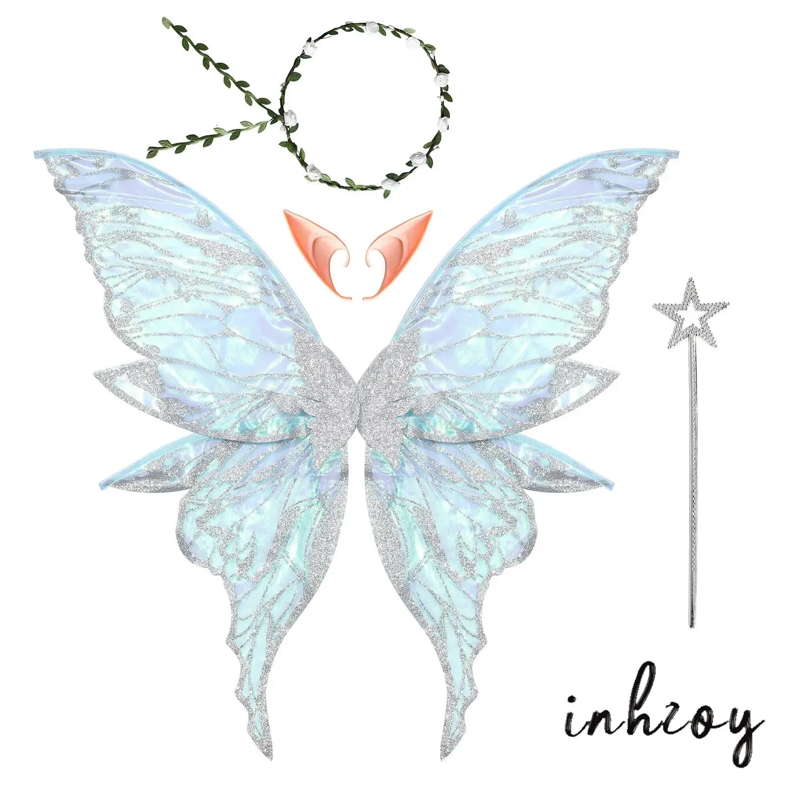 

Adult Kid Glitter Butterfly Wings Set Realistic Elf Ears Fairy Stick Garland Costume Accessories for Cosplay Masquerade Roleplay